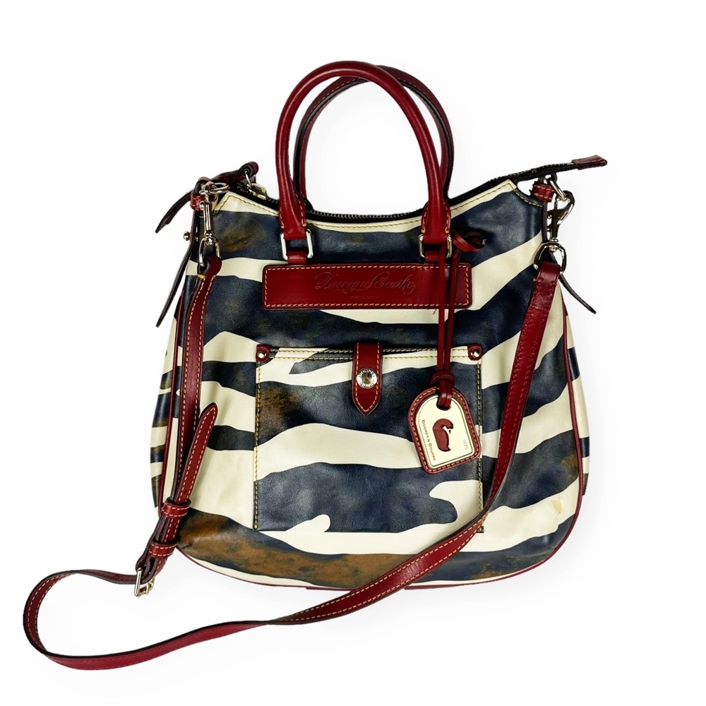 Dooney & Bourke Zebra Print Red Leather Hobo Western Satchel Crossbody Bag Purse - Picture 1 of 16